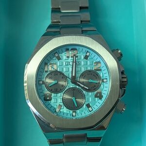 Guess Men's/Women's Turquoise Dial Silver-Tone Chronograph Watch - Solid Steel